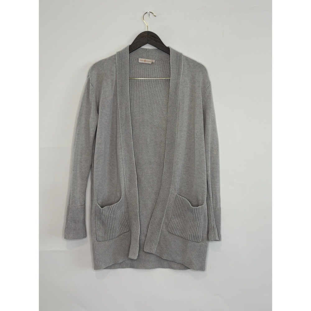 Tory Burch Womens XS Gray Knit Open Front Cardigan Ribbed Chunky Knit Minimalist
